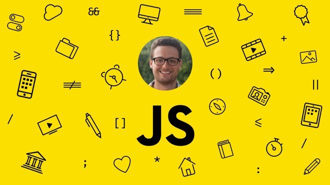 Toont Maarten's gezicht in het midden van een gele achtergrond, op de achtergrond staan allemaal tekens / symbolen die met JavaScript te maken hebben zoals een fat arrow, een punt comma, en braces.